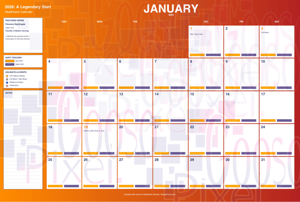 Calendar for January on a red and orange background