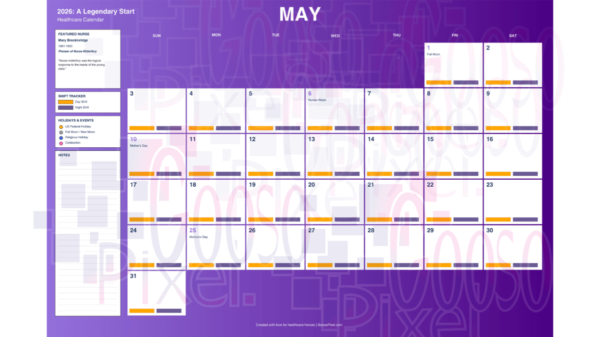 Purple calendar with May 2026 highlighted on a purple background