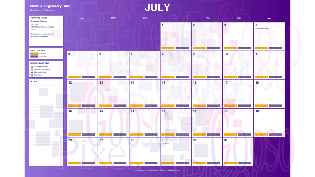 July calendar on a purple background with a geometric pattern
