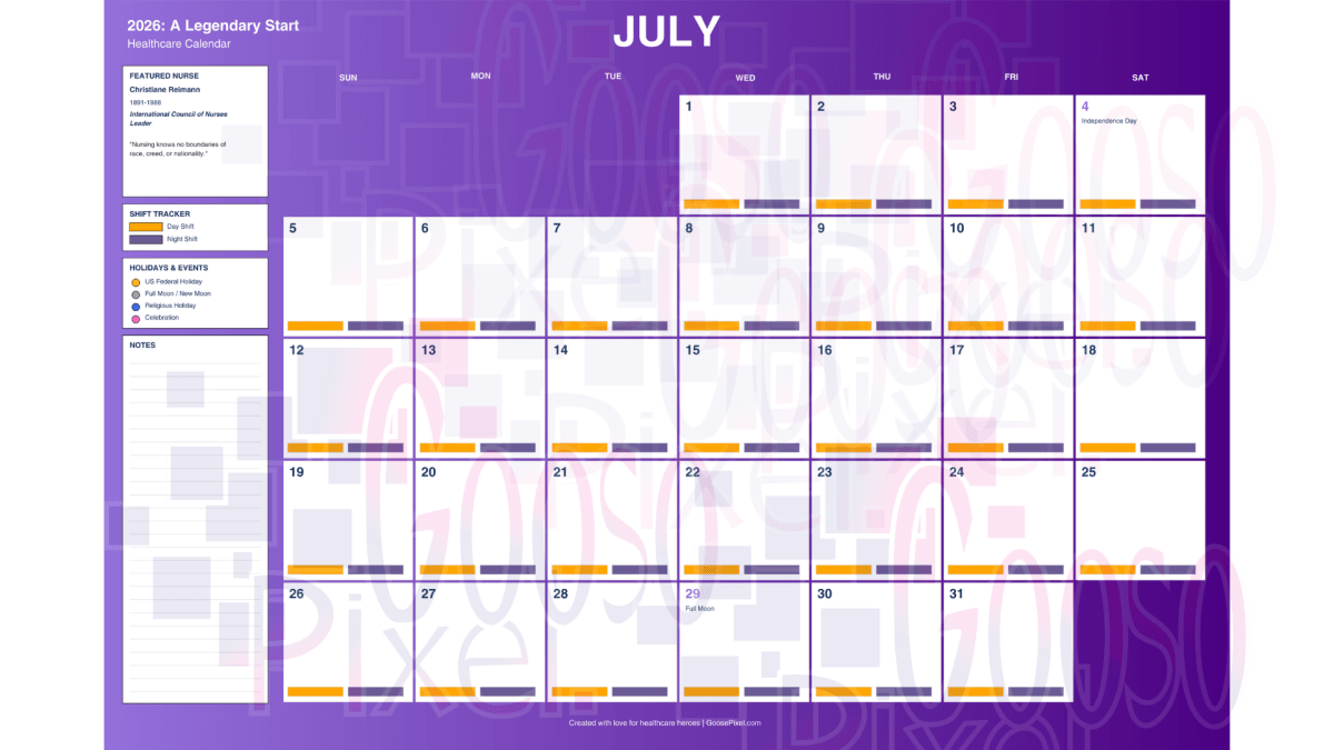 July calendar on a purple background with a geometric pattern