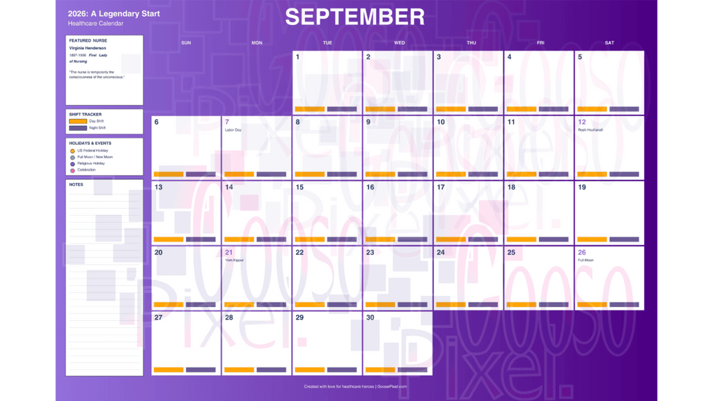Purple calendar for September 2026 with a grid layout on a white background