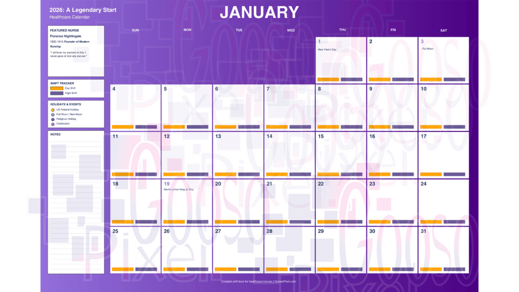January calendar on a purple background with geometric patterns