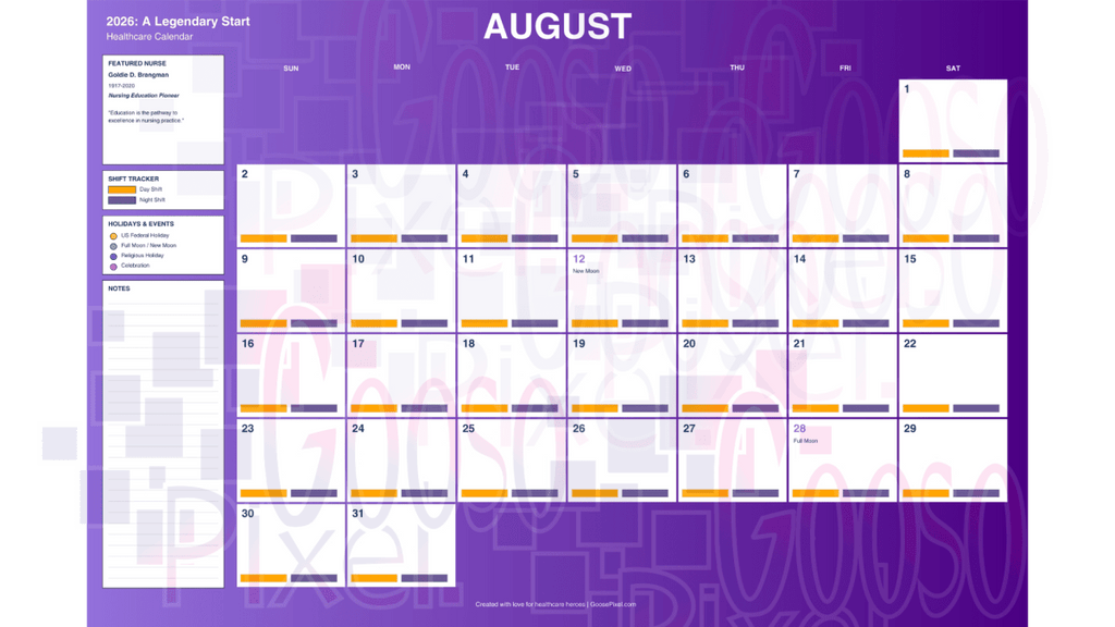 August calendar on a purple background with a grid layout