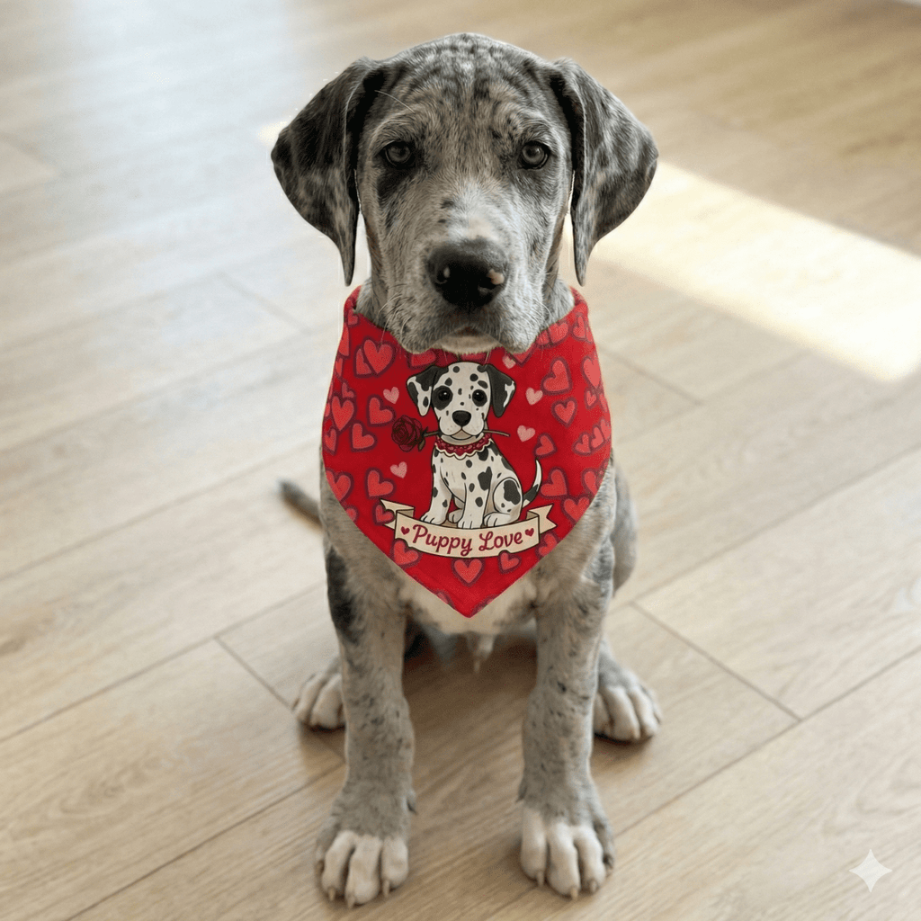 great dane wearing a red bandana with a puppy great dane design on a wooden floor