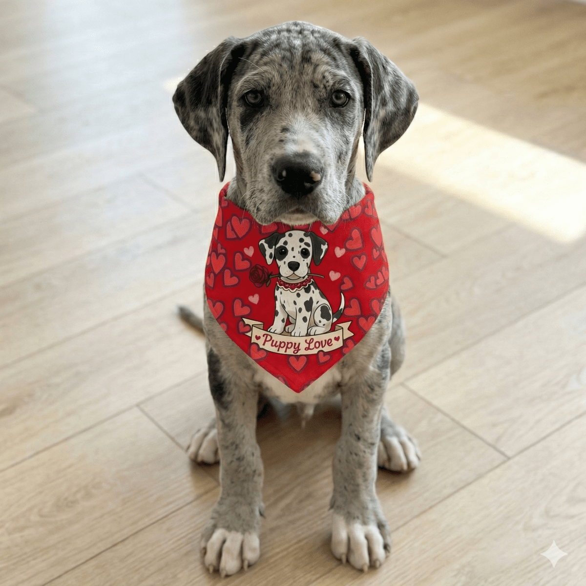 great dane wearing a red bandana with a puppy great dane design on a wooden floor