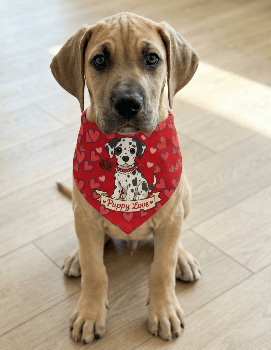 great dane wearing a red bandana with a great dane puppy design on a wooden floor