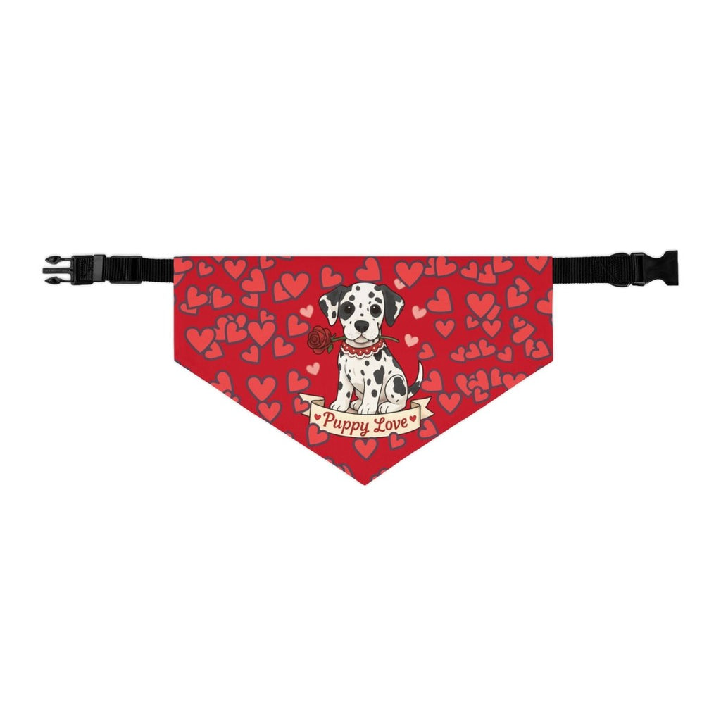 Dog bandana with puppy great dane design and heart pattern on a red background
