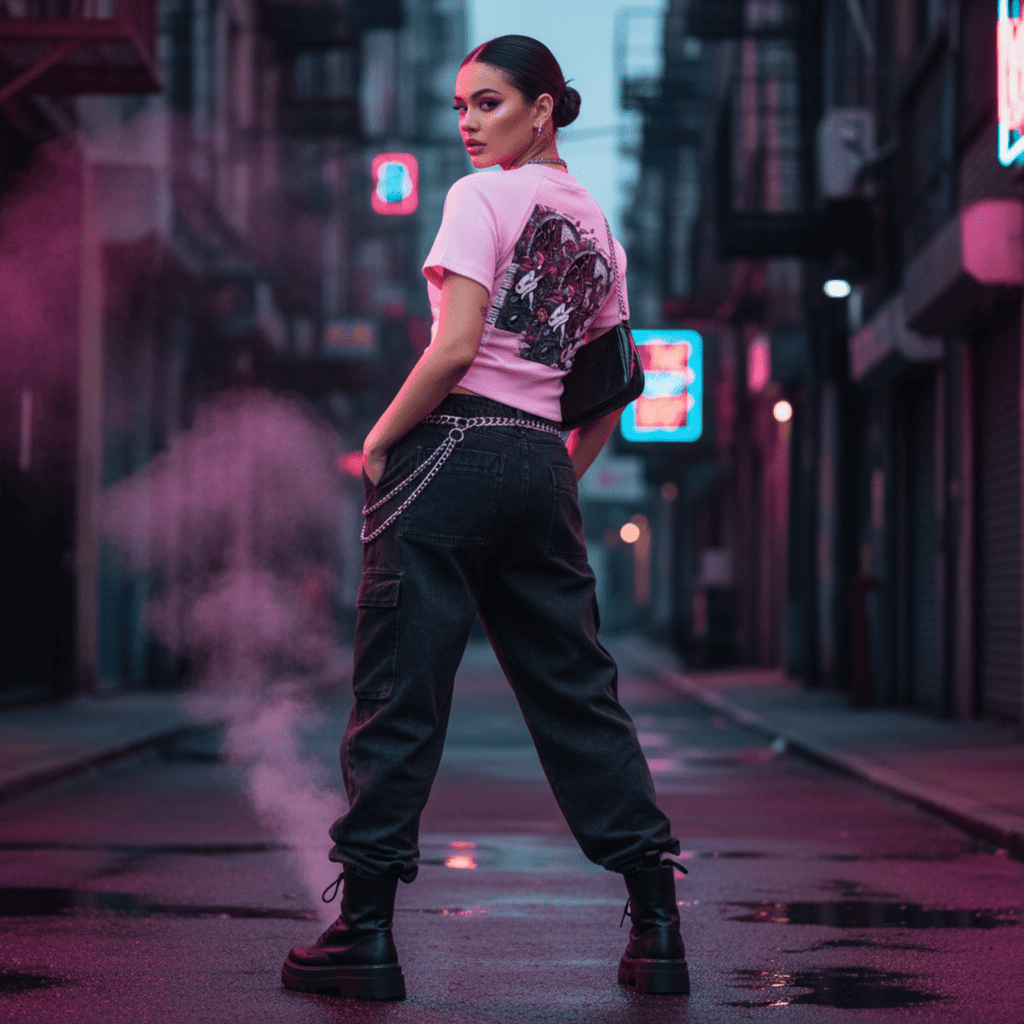 Person standing on a neon-lit city street at night