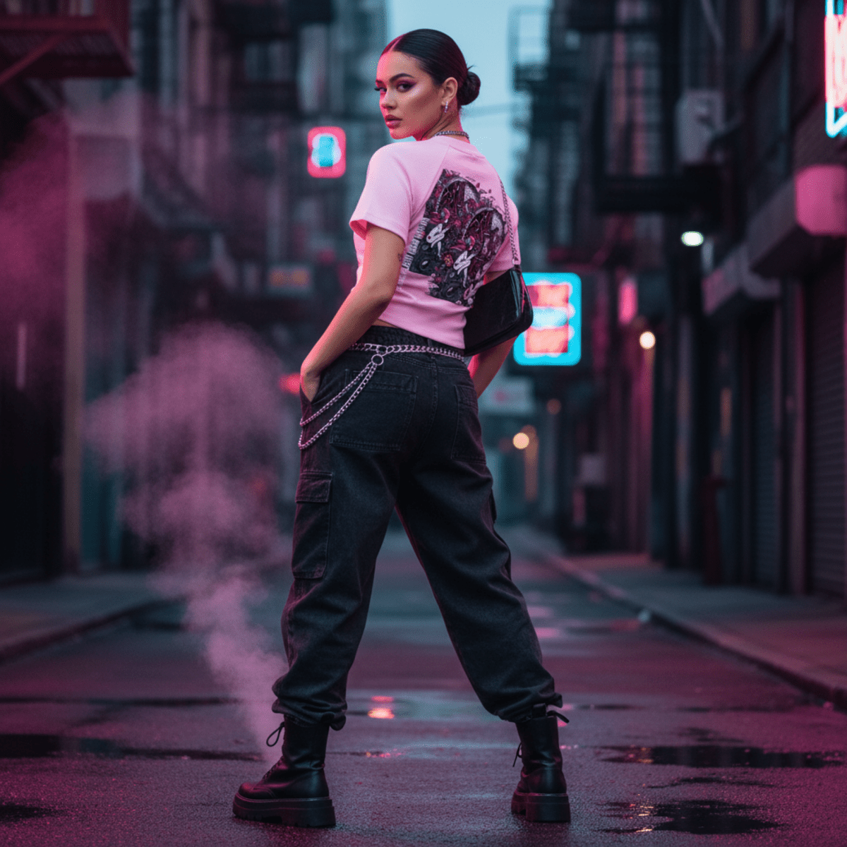 Person standing on a neon-lit city street at night
