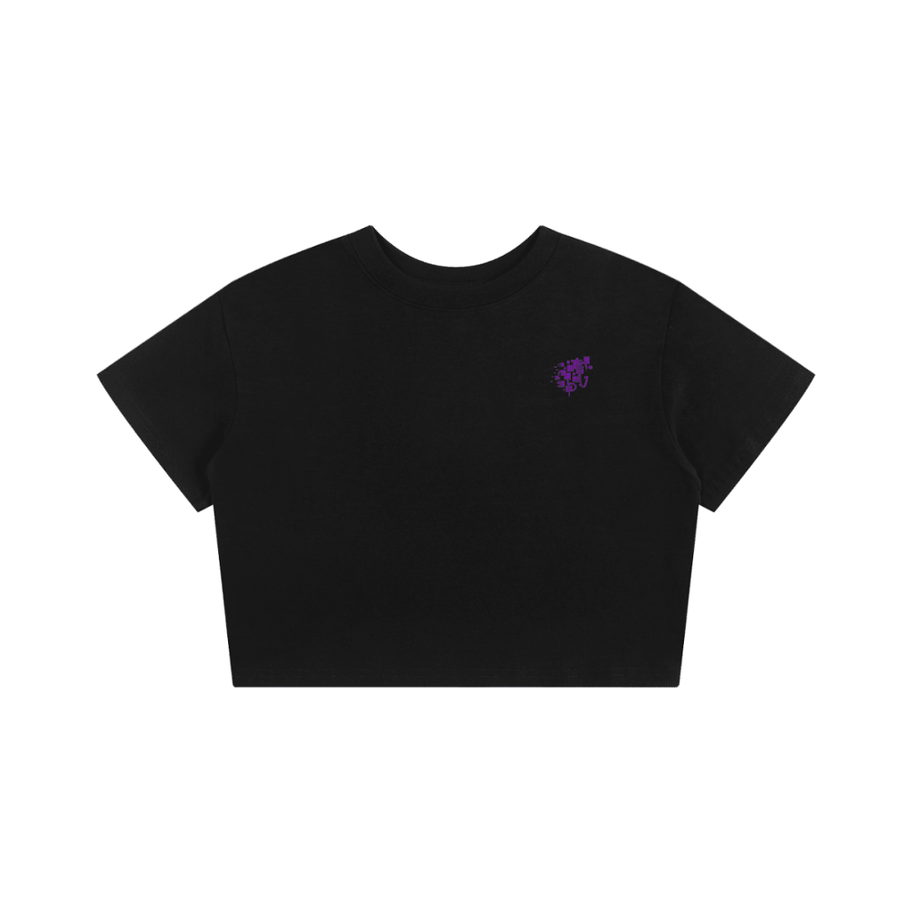 Black crop top with a small purple logo on a white background