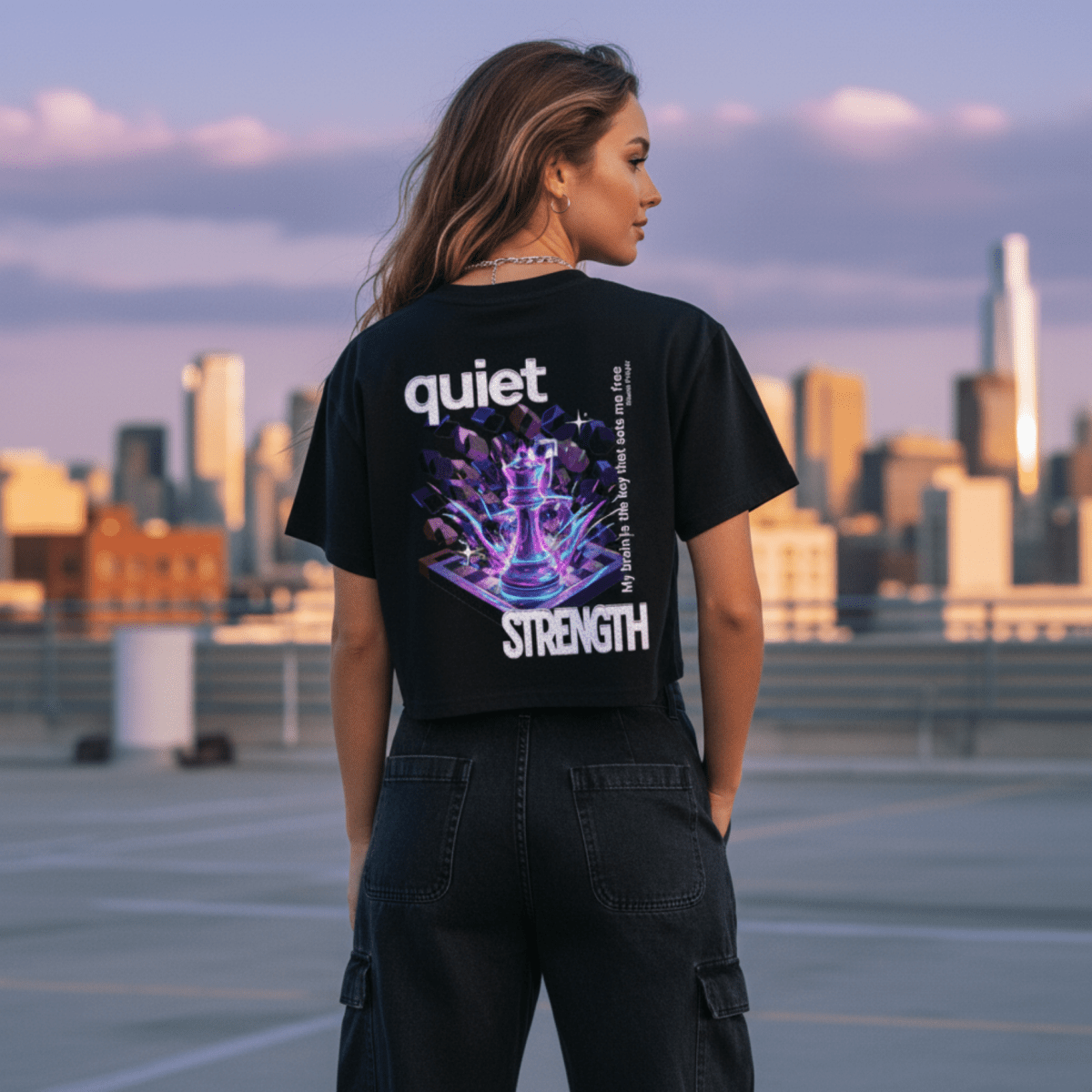 Person wearing a black t-shirt with 'quiet' and 'STRENGTH' text, standing on a rooftop with a cityscape in the background.