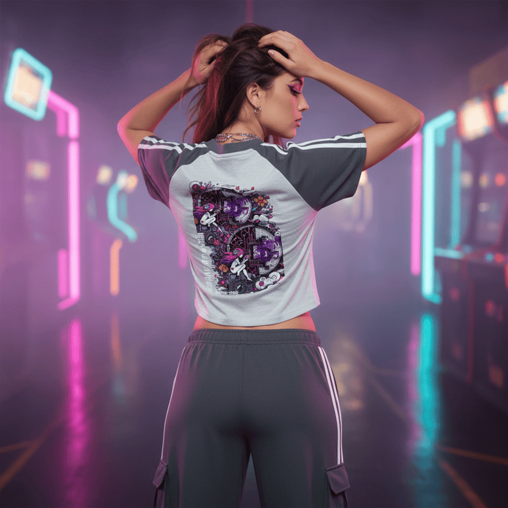 Woman in a stylish outfit with a colorful graphic on a futuristic, neon-lit background