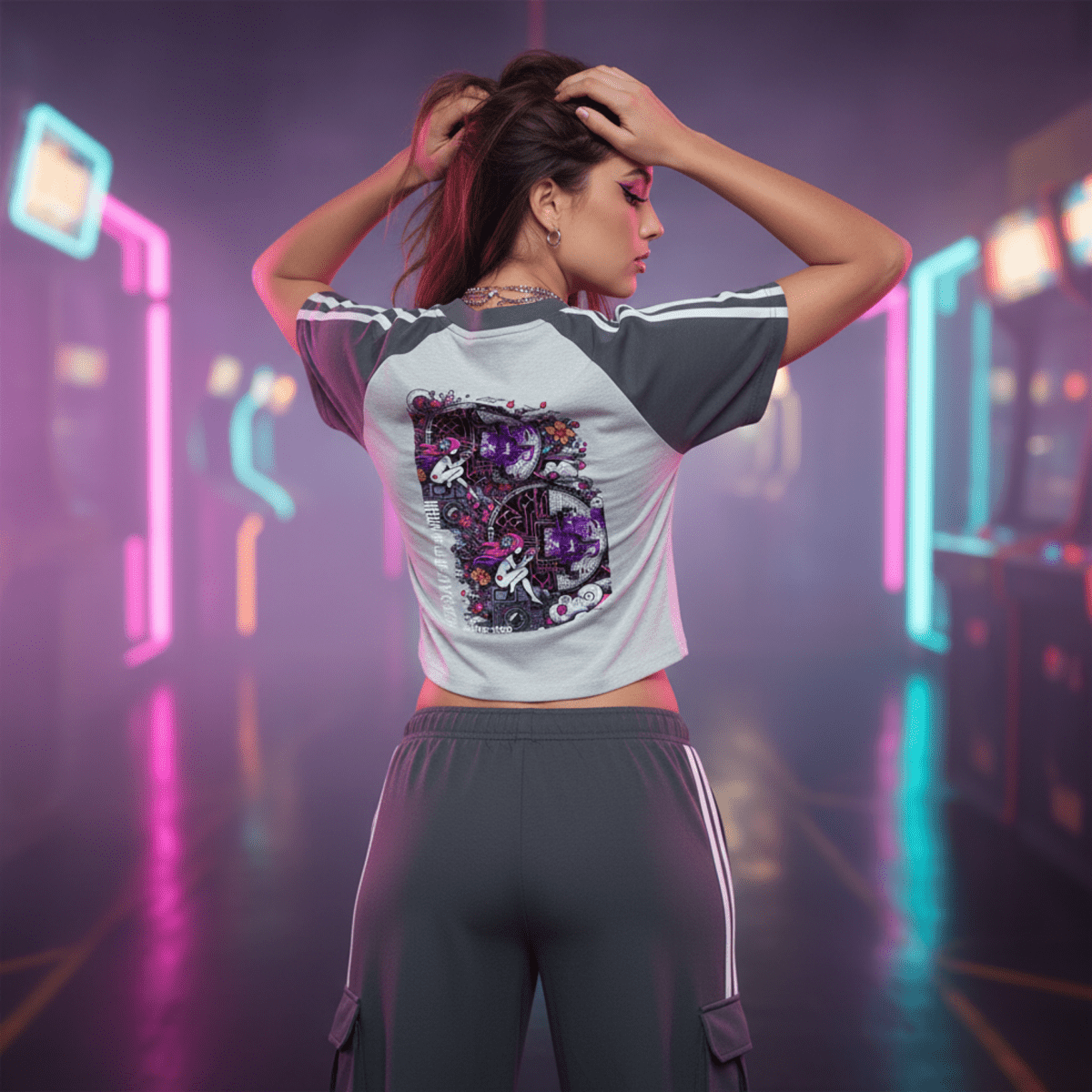 Woman in a stylish outfit with a colorful graphic on a futuristic, neon-lit background