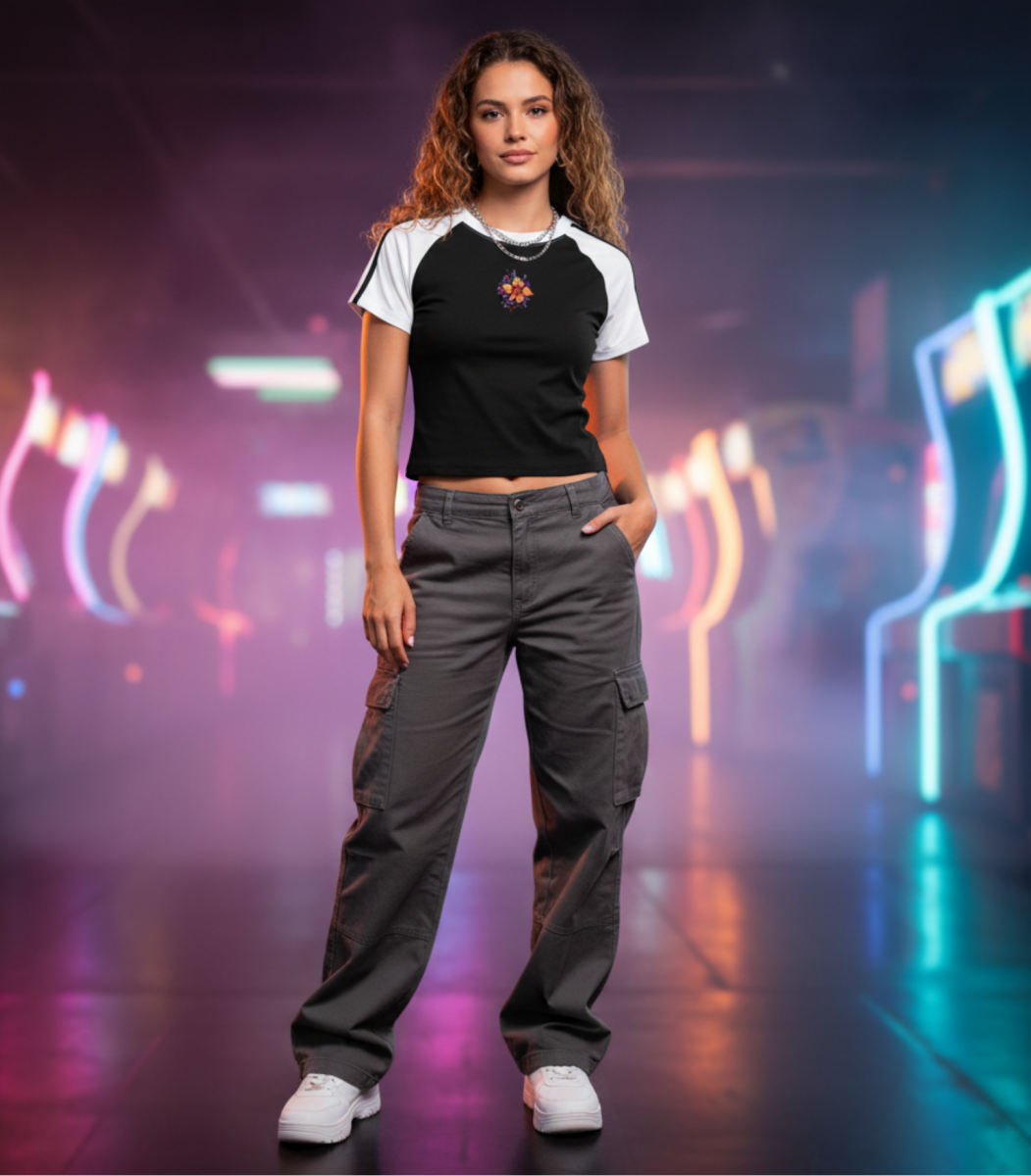 Woman standing in an arcade with neon lights in the background