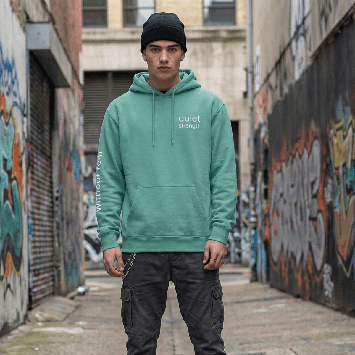 Person wearing a green hoodie with text in an alleyway with graffiti. Teal hoodie with white text "Quiet strength"