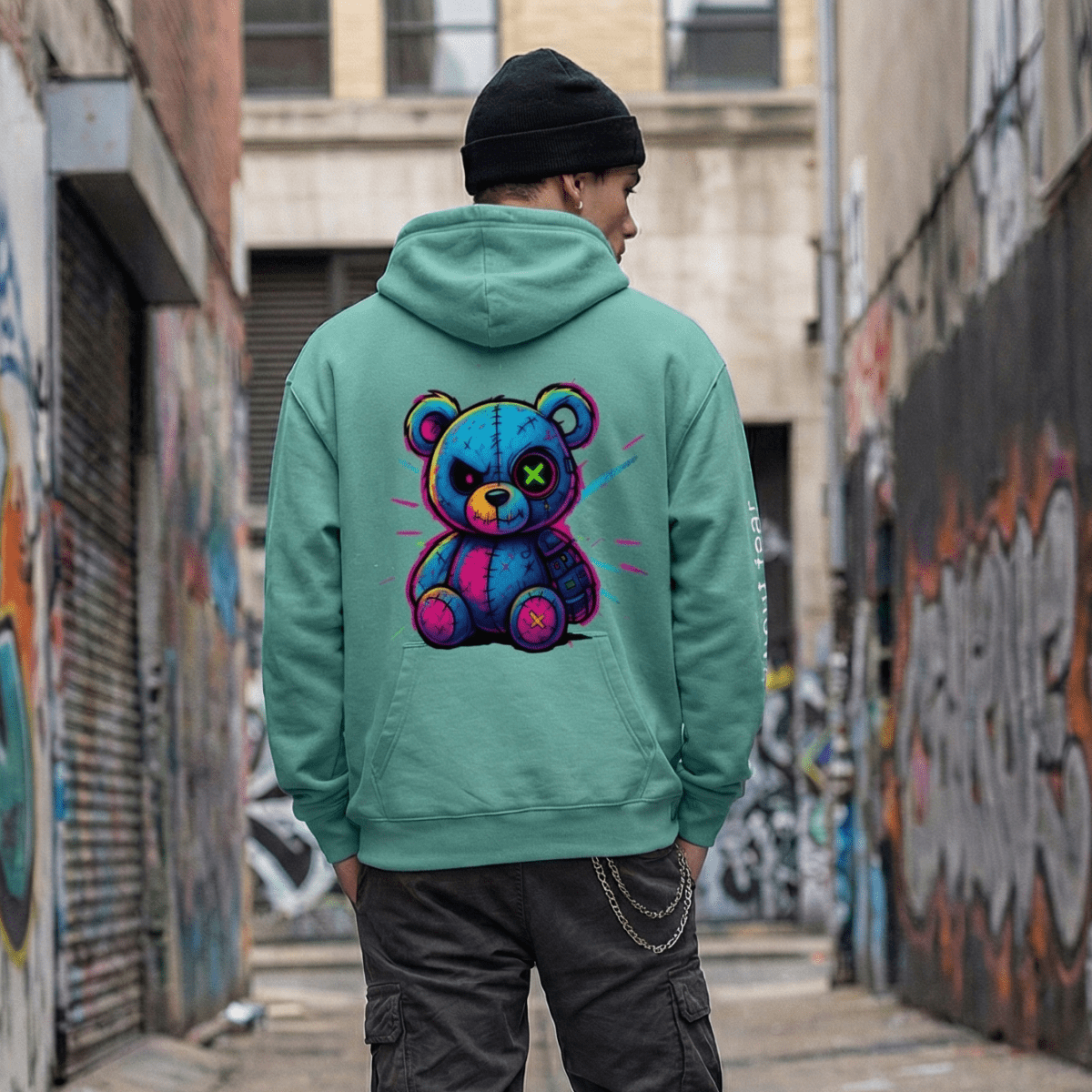 Person wearing a teal hoodie with a colorful bear design in an alleyway with graffiti.