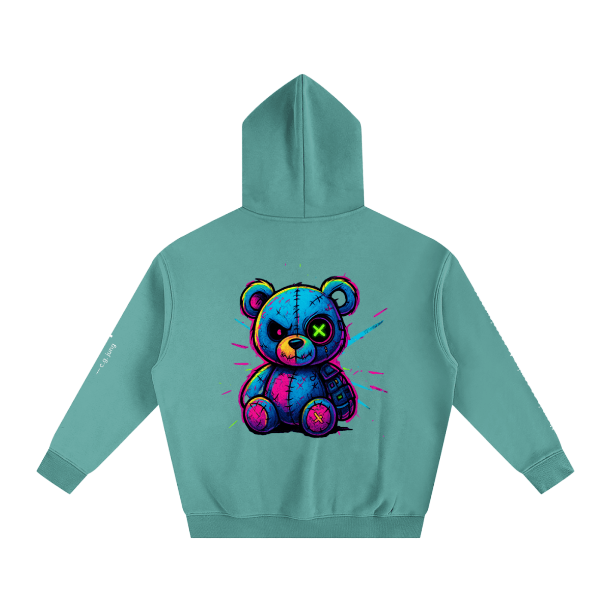 Teal hoodie with a colorful bear graphic on the back against a white background