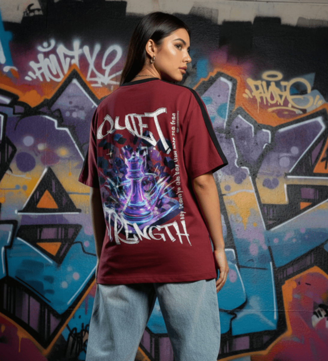 Person wearing a maroon t-shirt with graphic design in front of a colorful graffiti wall.