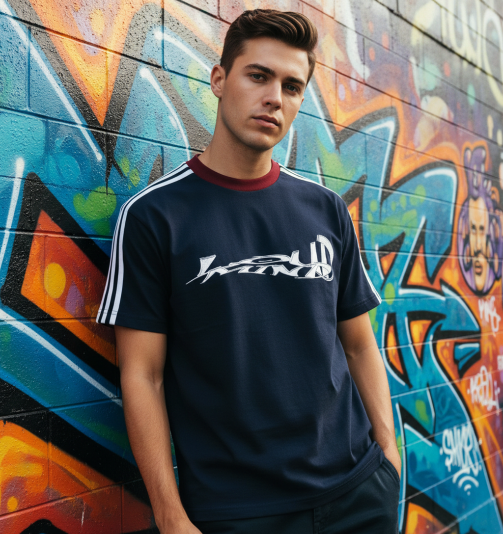 Person wearing a dark blue t-shirt with a logo in front of a colorful graffiti wall.