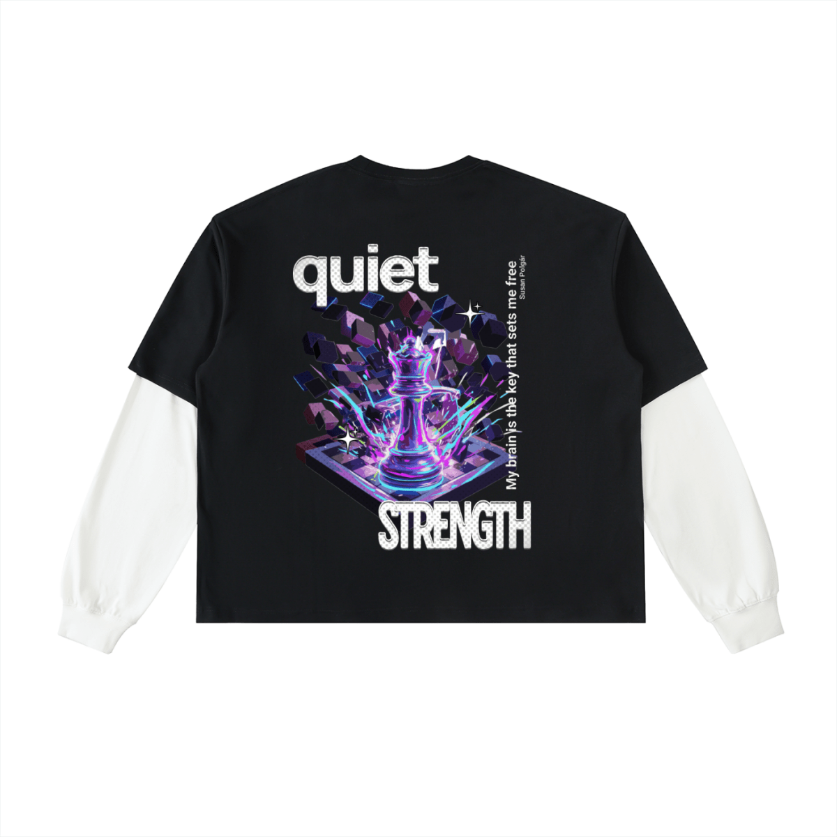 Black t-shirt with colorful design and text on a white background