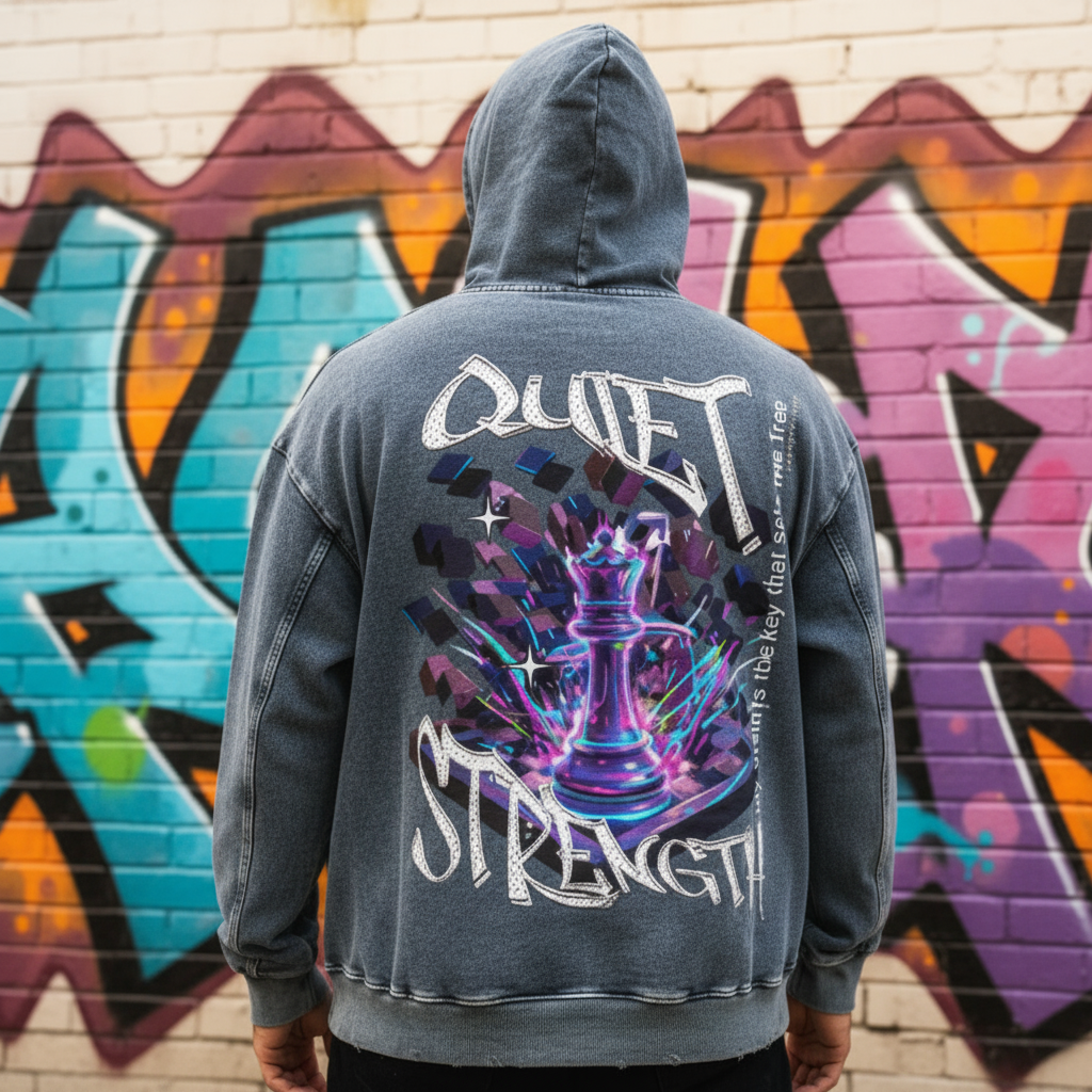 Person wearing a hoodie with 'Quiet Strength' design in front of a graffiti wall.