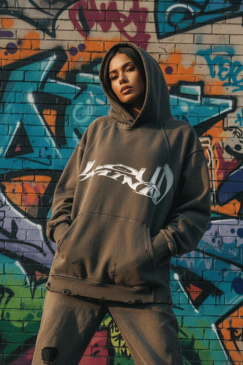 Person wearing a hoodie with a logo in front of a colorful graffiti wall