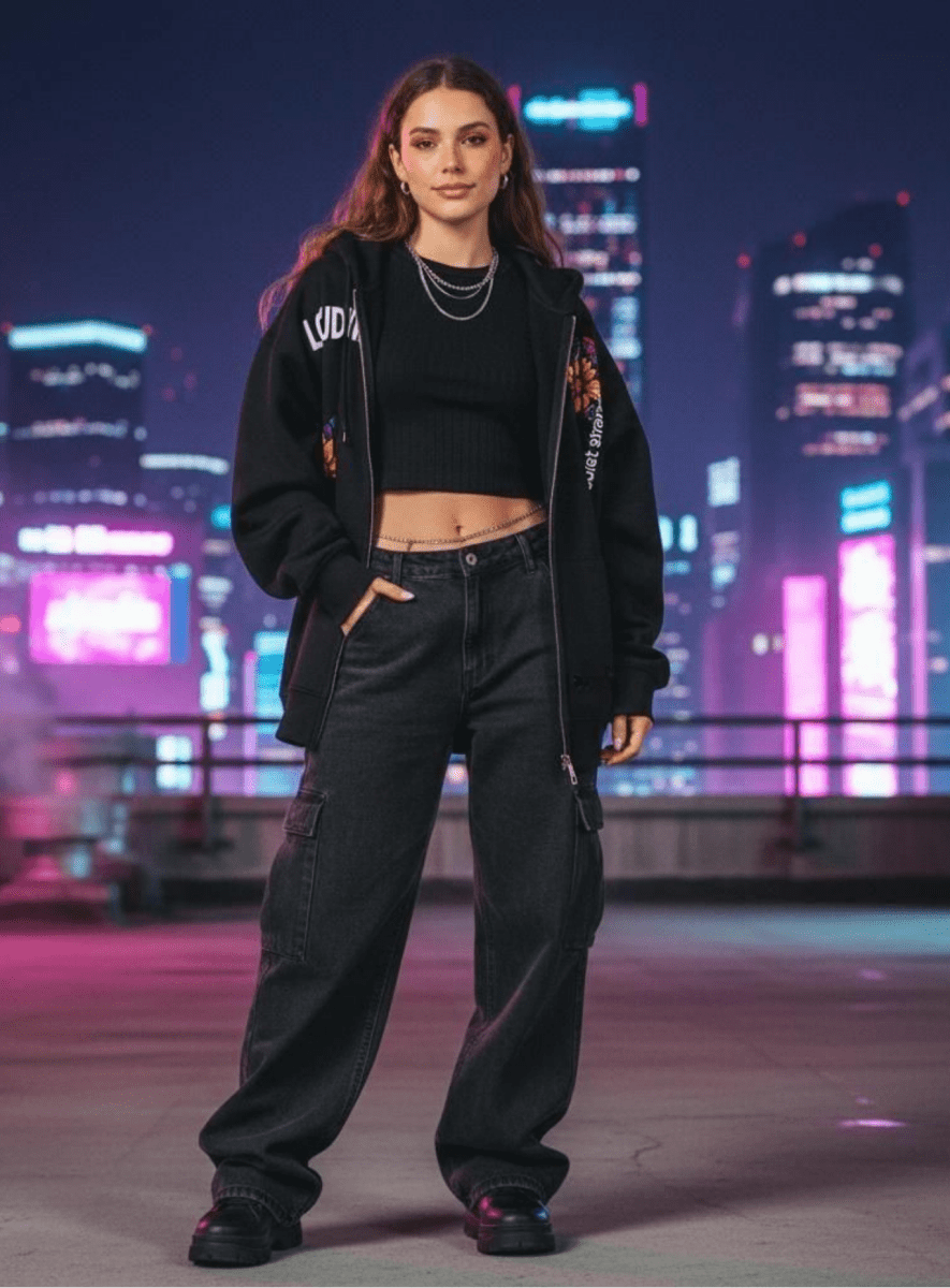 Person wearing a black jacket and jeans standing in front of a cityscape at night.