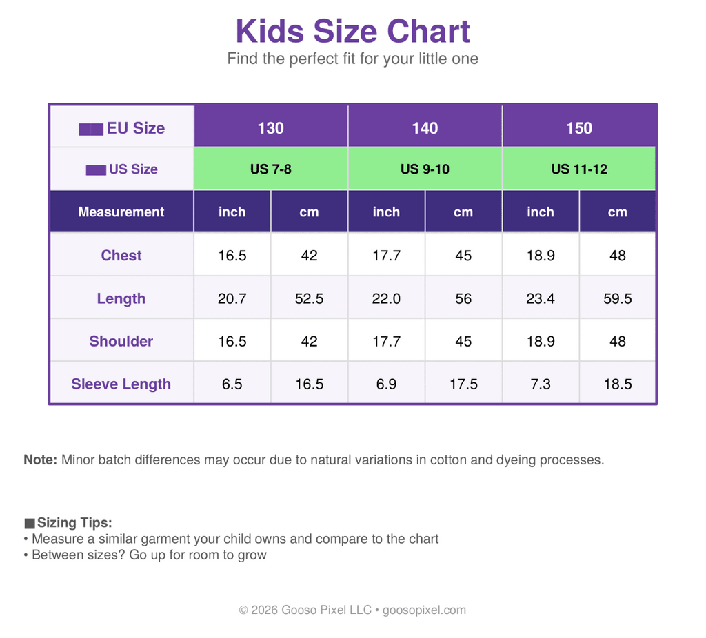 Kids size chart for clothing with measurements in inches and centimeters on a white background.