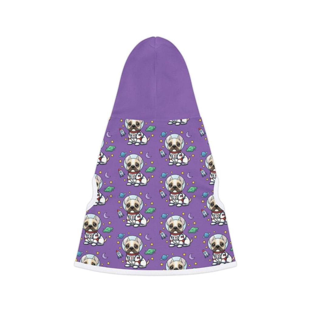 Purple hoodie with dog pattern on a white background