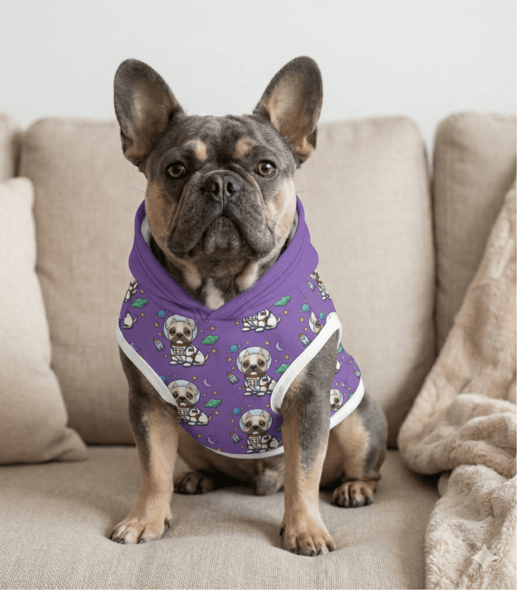 Frenchie wearing a purple hoodie with a pattern on a beige couch