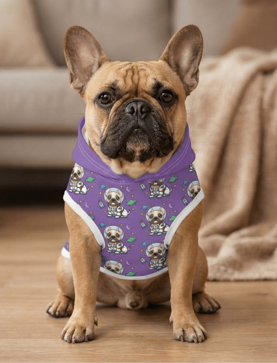frenchie wearing a purple hoodie with a pattern, sitting on a wooden floor.