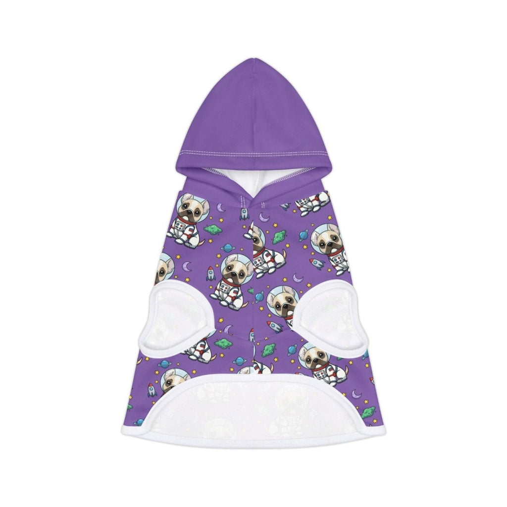Purple hoodie with frenchie cartoon character pattern on a white background