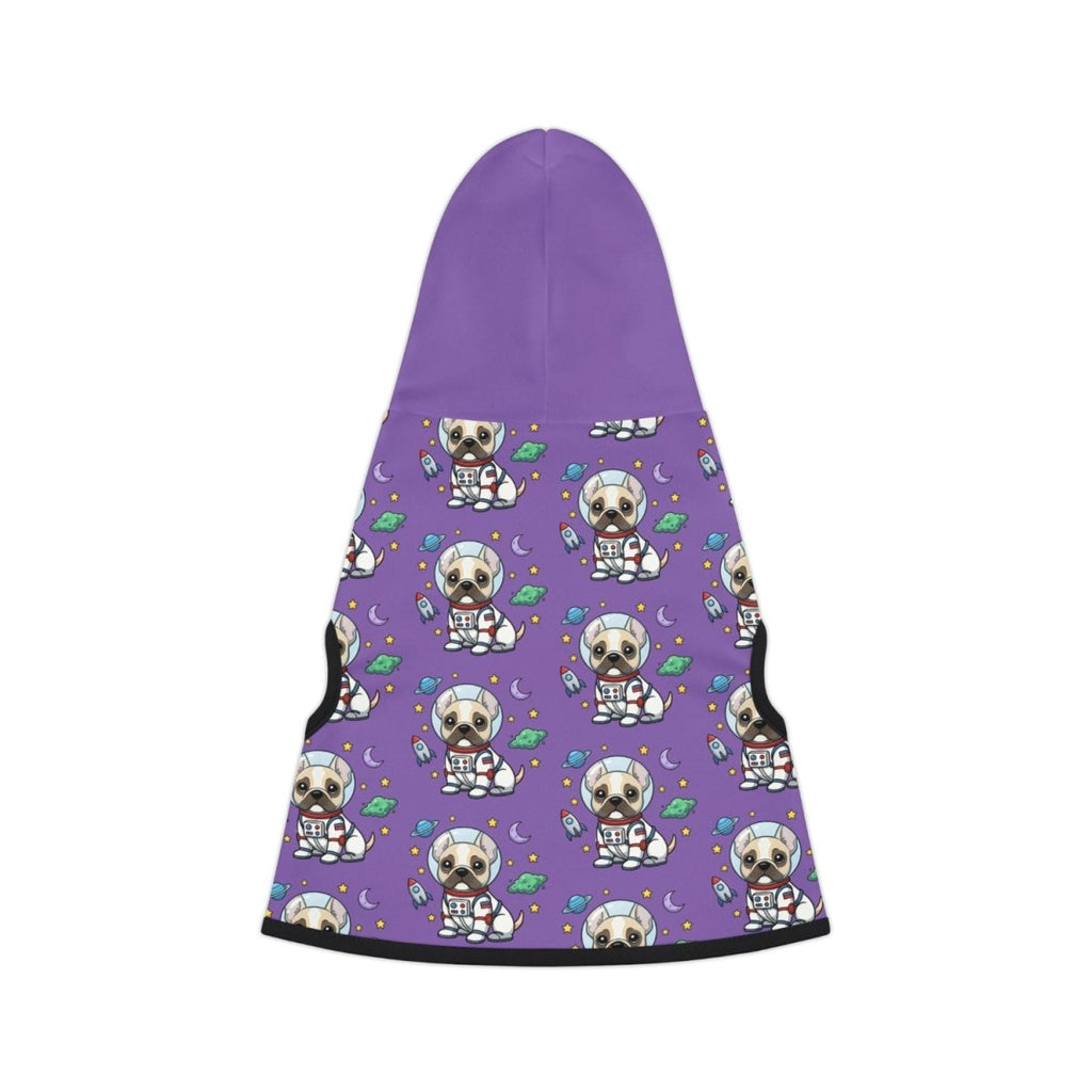 Purple hoodie with cartoon frenchie pattern on a white background