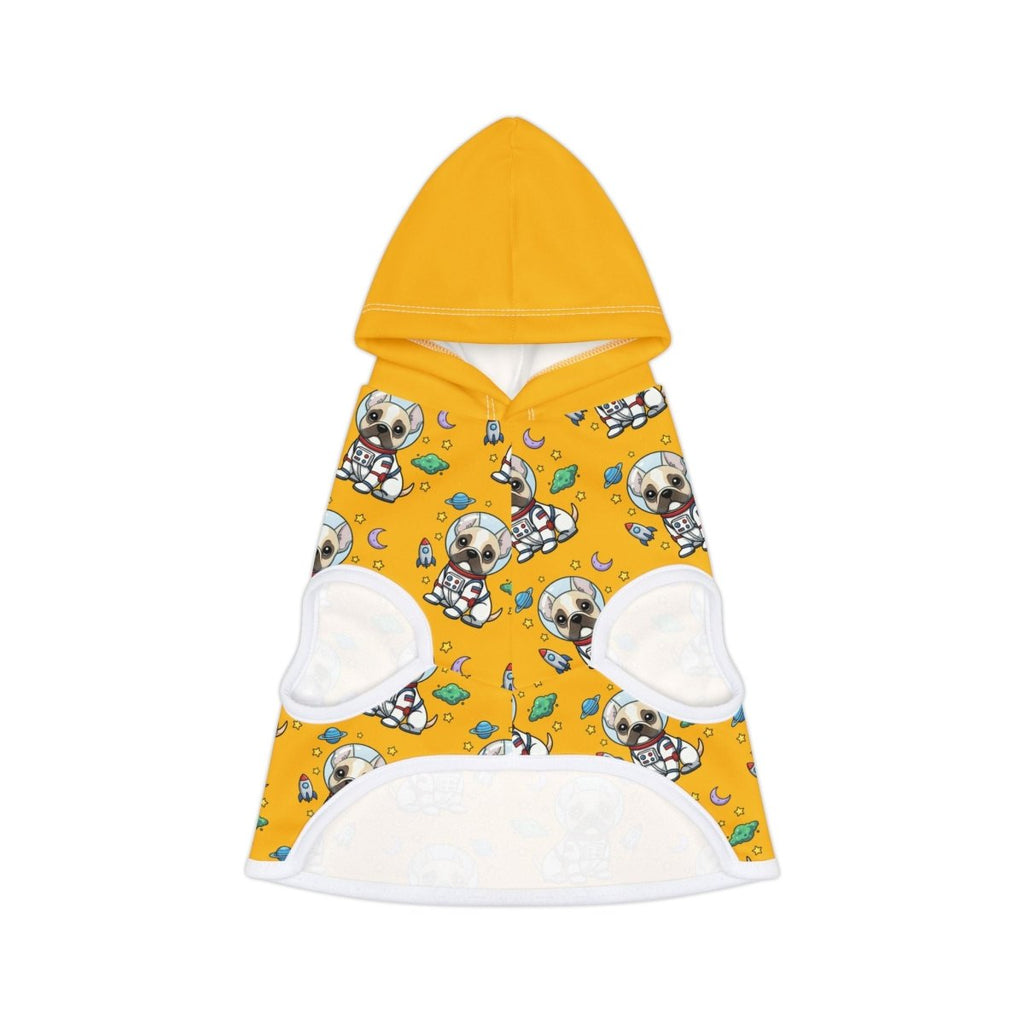 Yellow frenchie hoodie with cartoon designs on a white background