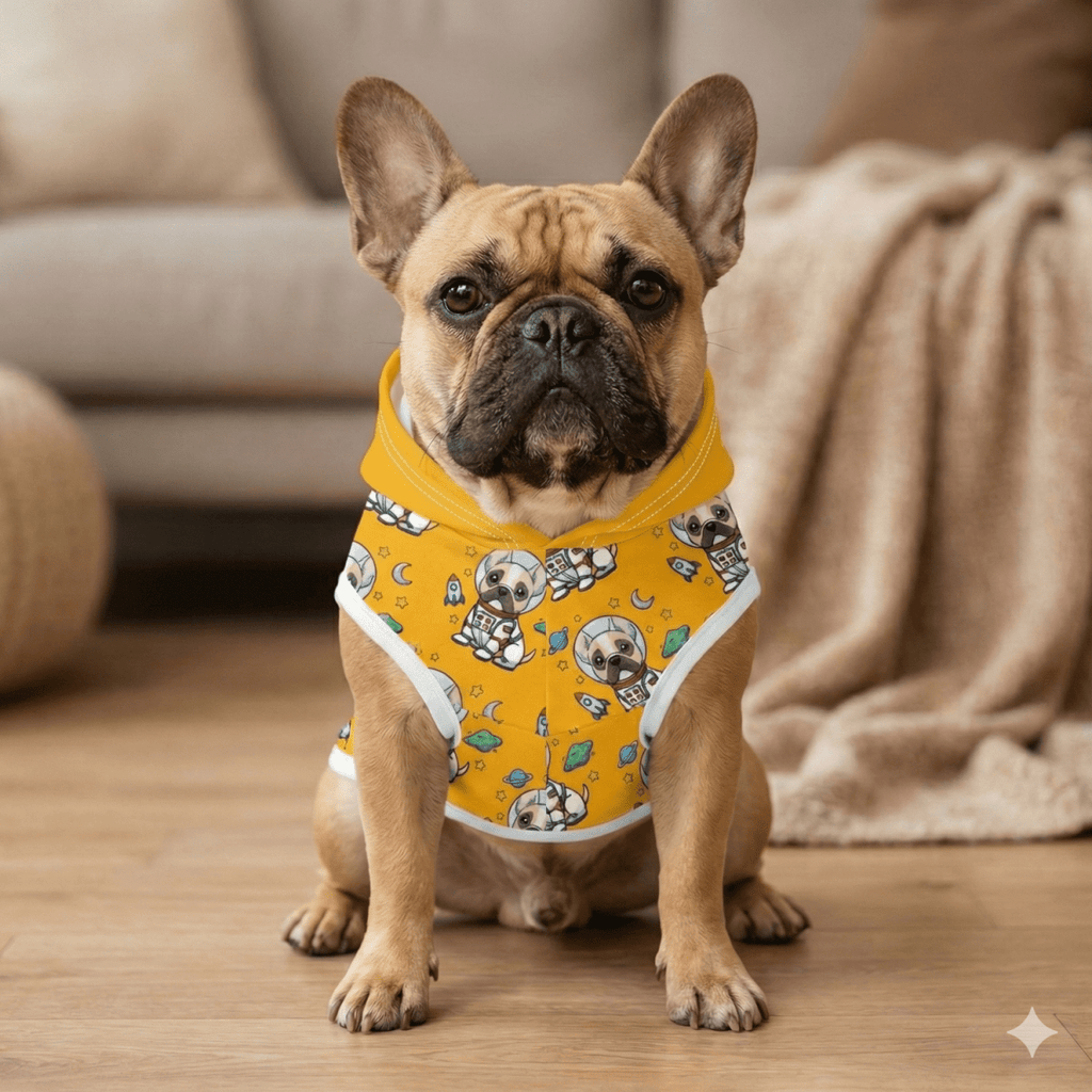 frenchie wearing a yellow outfit with a pattern in a living room setting
