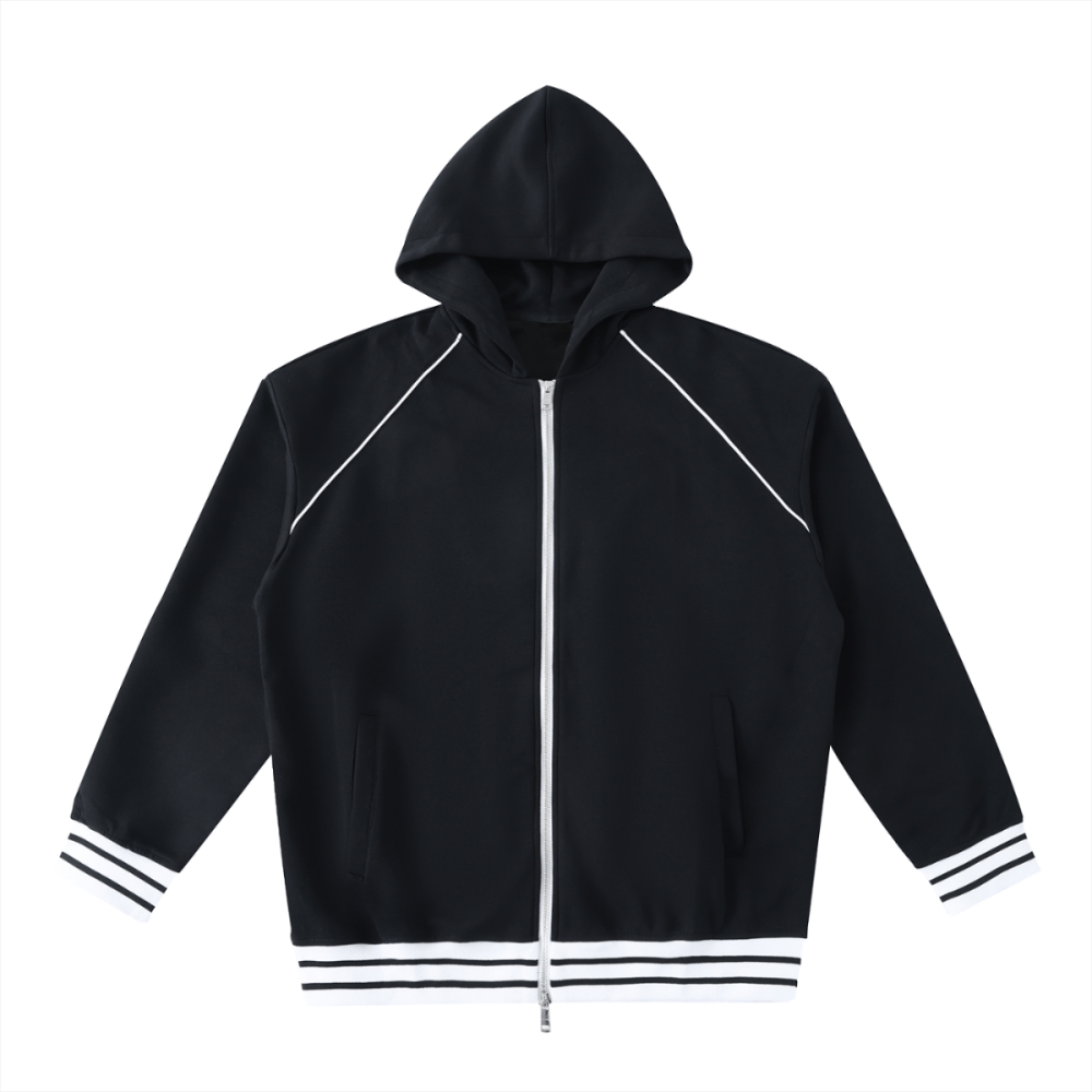 Striped Trim Zip - Up Hoodie - Gooso Pixel