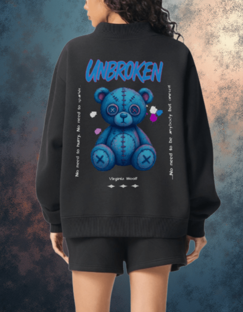 UNBROKEN Blue Teddy Sweater – Women’s Oversized Turtleneck Pullover - Gooso Pixel