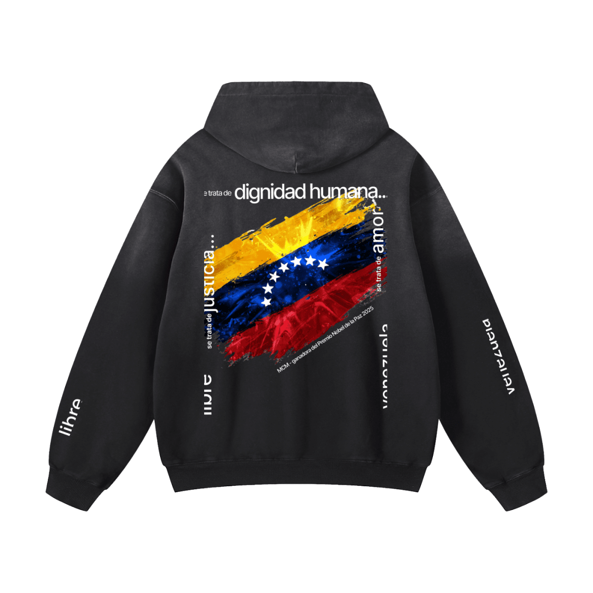 Black hoodie with a colorful graphic and text on the back, on a white background venezuelan flag
