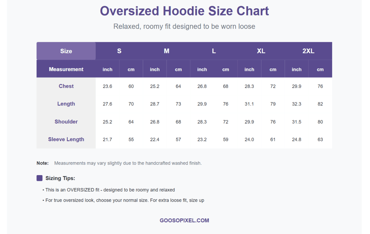 Oversized Hoodie Size Chart with measurements in inches and centimeters on a white background.