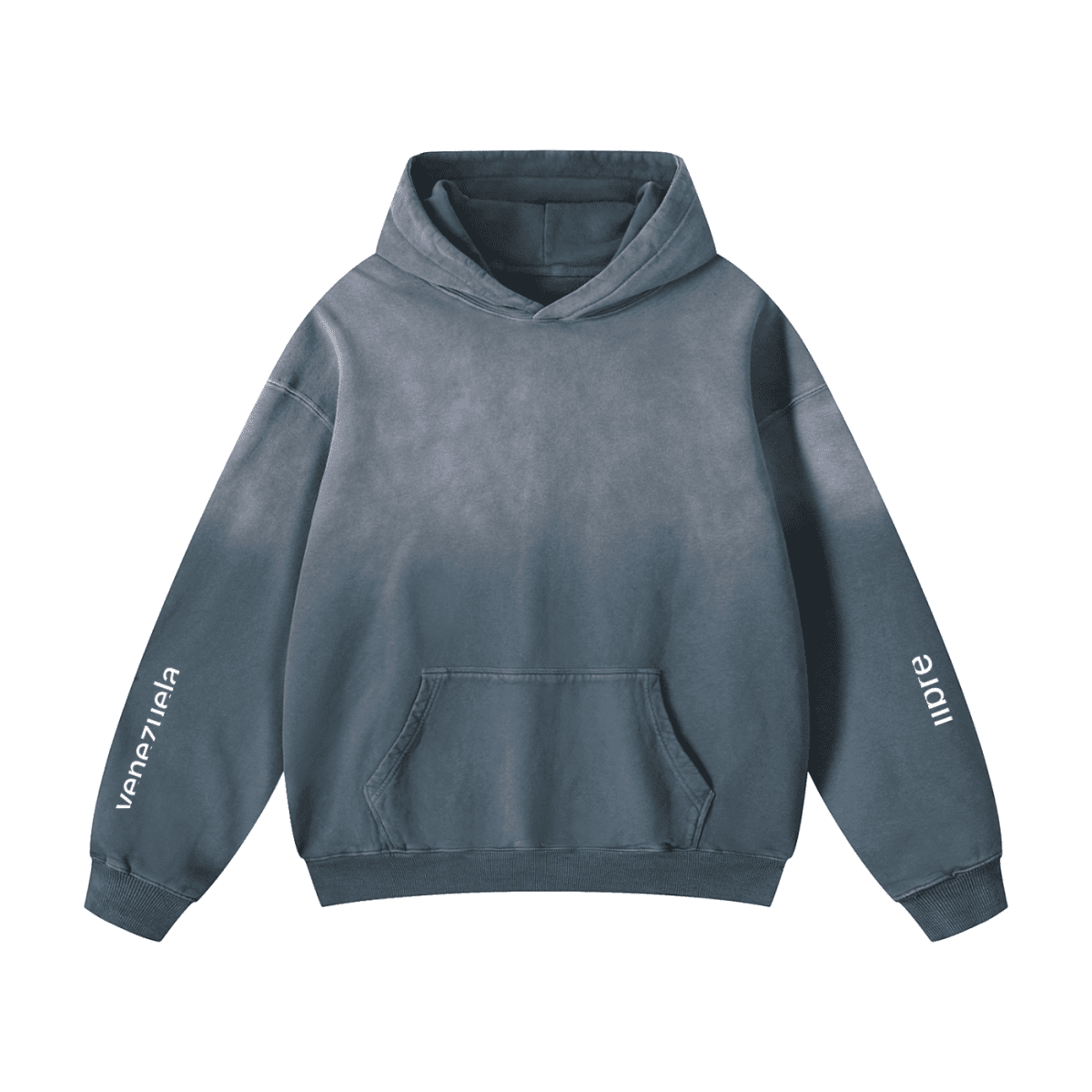 Blue hoodie with brand logos on sleeves against a white background