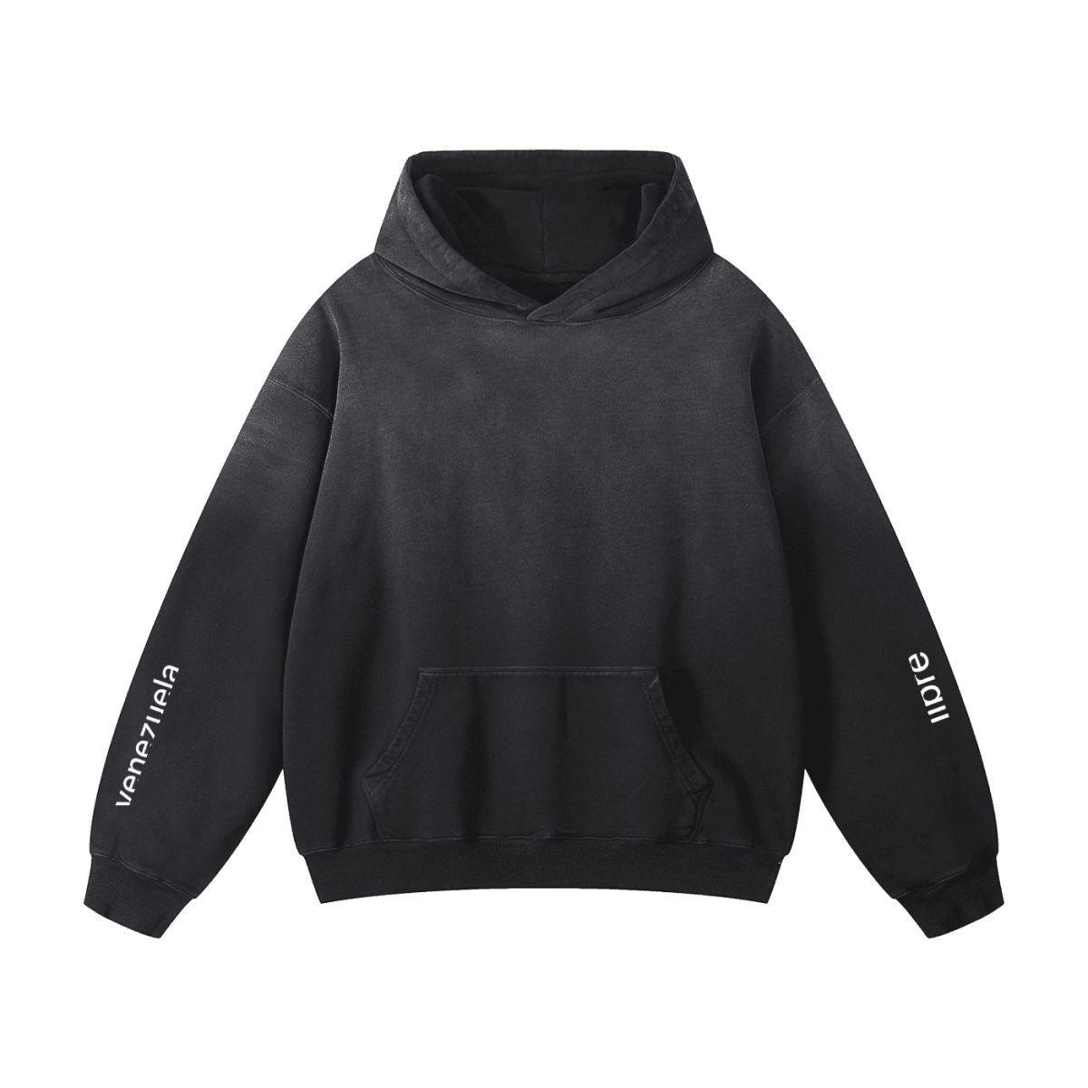 Black hoodie with white text on sleeves against a white background