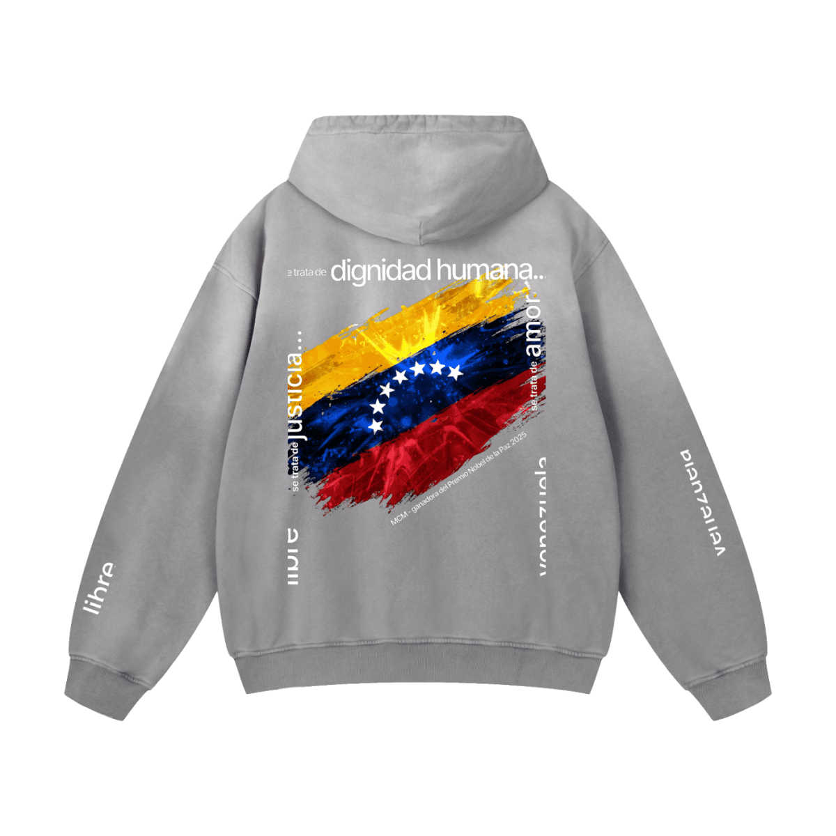 Gray hoodie with a colorful graphic and text on the back against a white background
