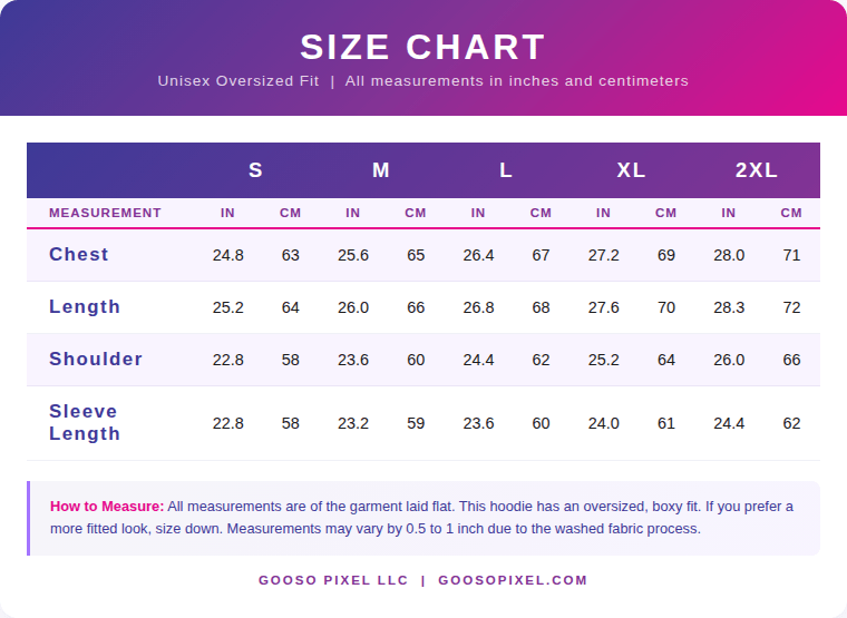 Size chart for unisex oversized fit clothing with measurements in inches and centimeters.