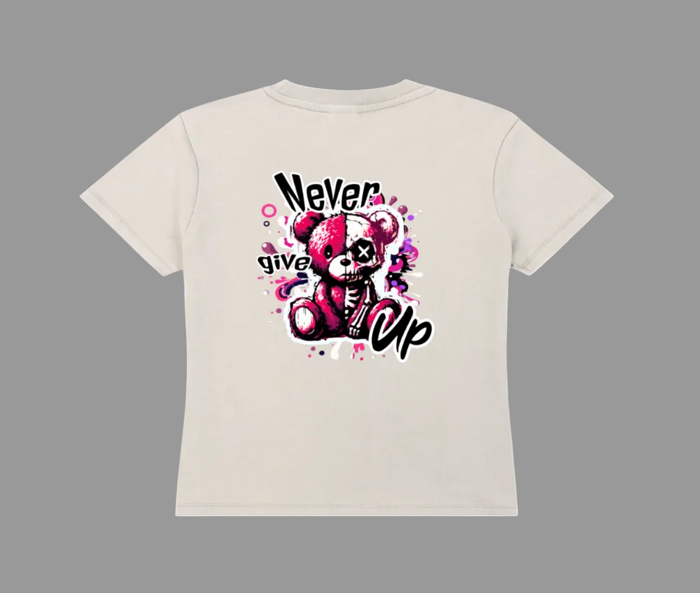 Vintage Wash “Never Give Up” Graphic T-Shirt – Women’s Streetwear - Gooso Pixel