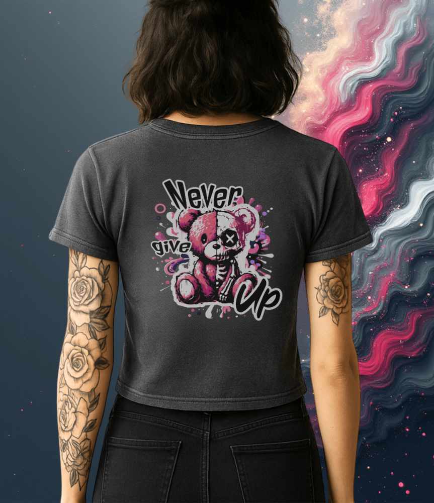 Vintage Wash “Never Give Up” Graphic T-Shirt – Women’s Streetwear - Gooso Pixel