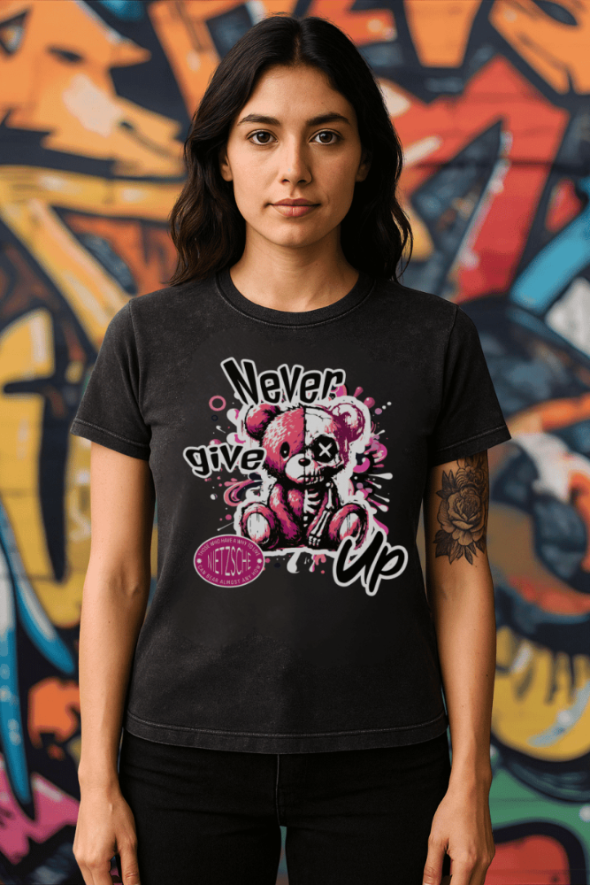 Vintage Wash “Never Give Up” Nietzsche Quote T-Shirt – Women’s Streetwear - Gooso Pixel