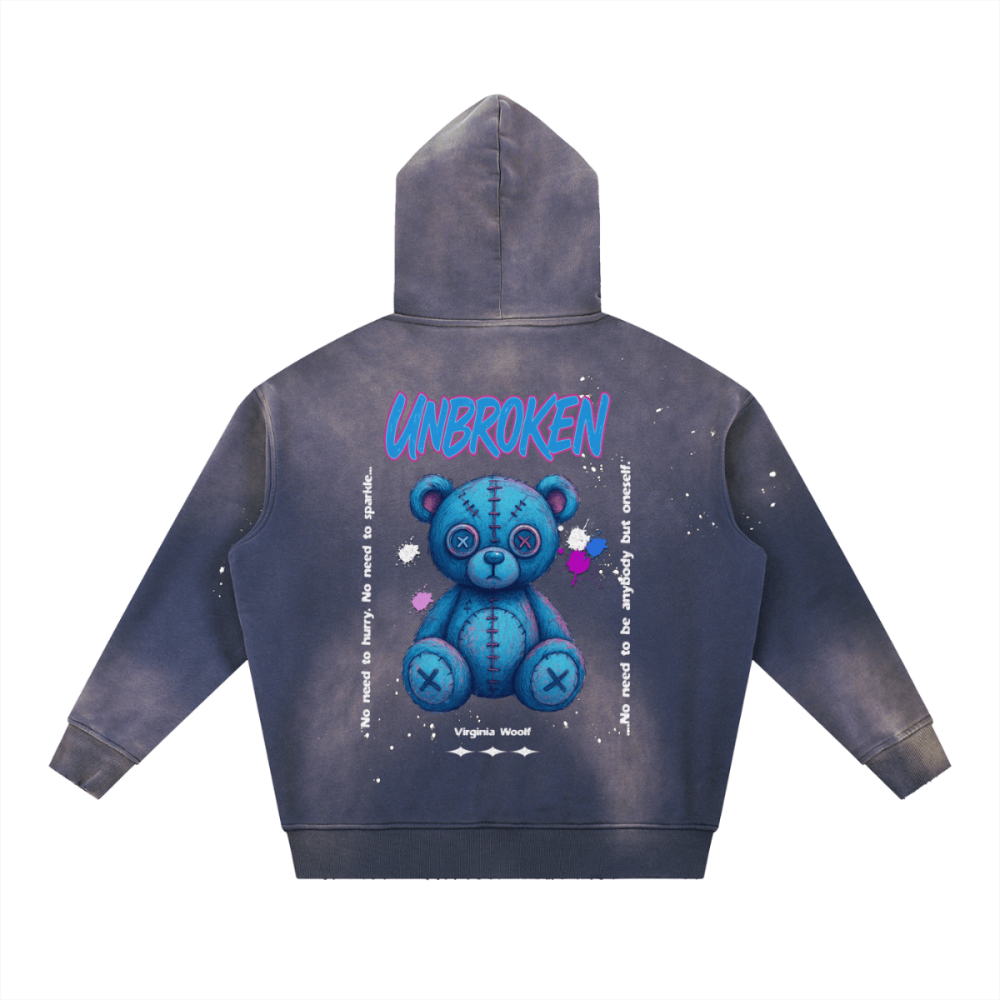 Vintage Washed Frayed Fleece Hoodie - Streetwear hoodie with UNBROKEN blue bear artwork- blue