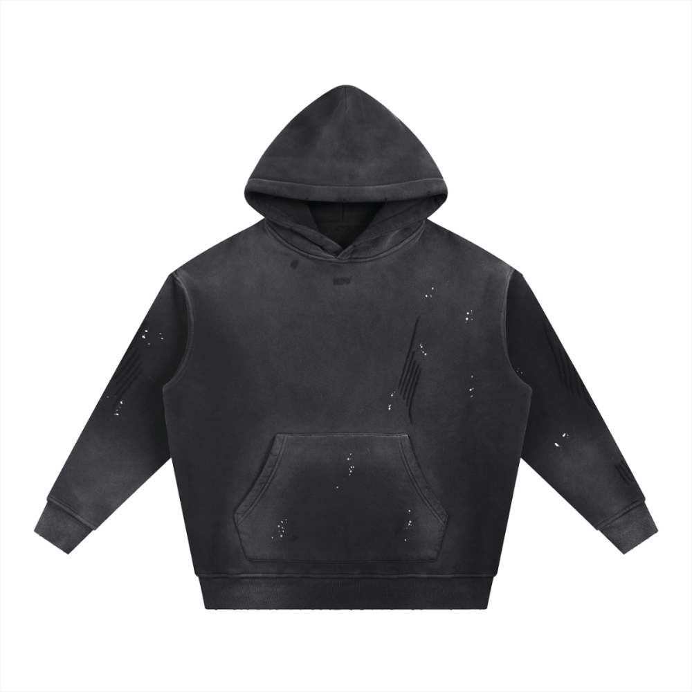 Vintage Washed Frayed Fleece Hoodie - black  Gooso Pixel