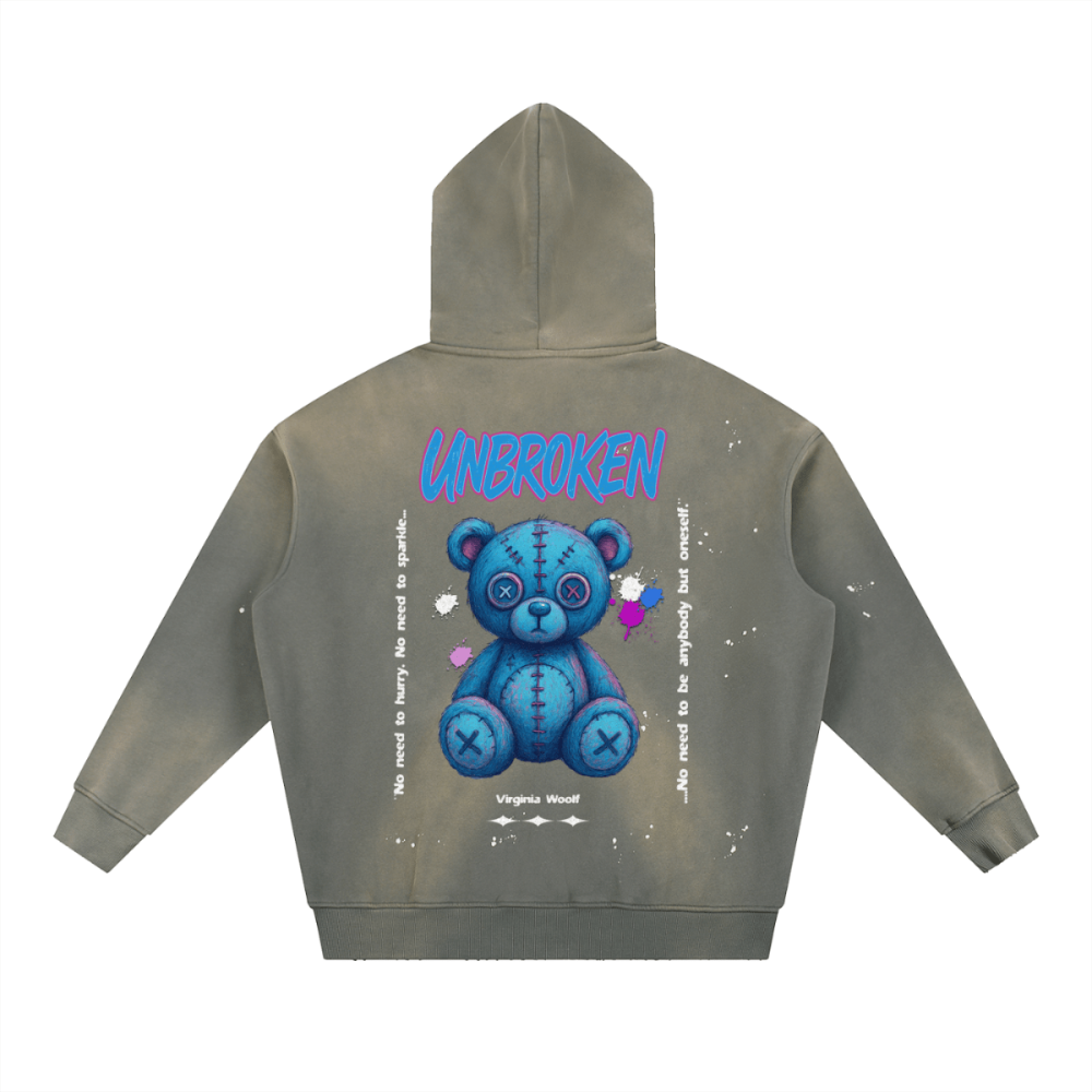 Back view of black vintage graphic hoodie with blue teddy bear design unbroken